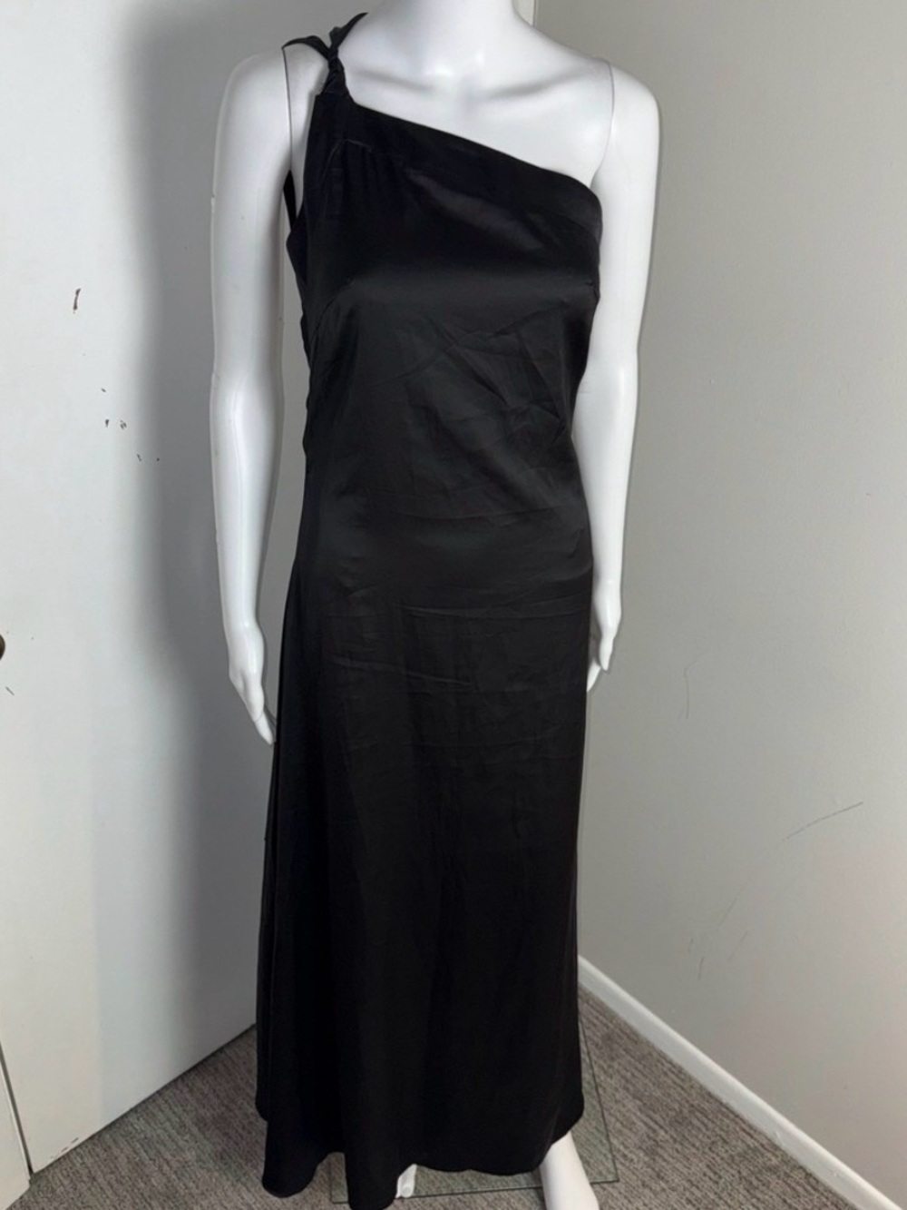 Commense Black Satin One Shoulder Backless Maxi Dress Evening Gown Minimalist - Picture 6 of 12